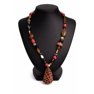 Chunky Leopard Print Teardrop Statement Necklace Red Amber Black Mixed Beads